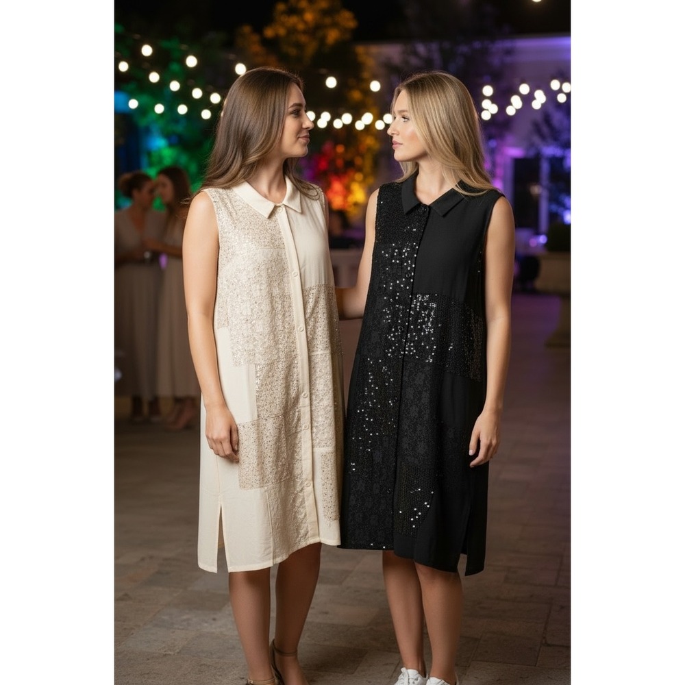 Origami by Vivien Black Lace Sequin Patchwork Sleeveless Shirt Dress Sz L